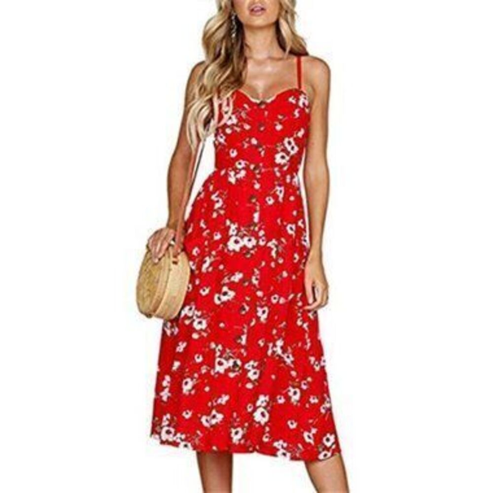 Women's Summer Floral Bohemian Spaghetti Strap Button Down Midi Dress